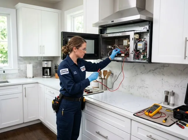 Appliance Repair Hero technician testing an over-the-range microwave in a Ashton, IL kitchen